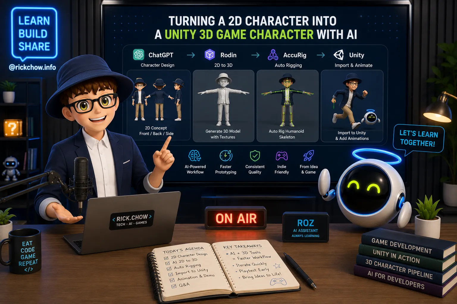 Rick 與 ROZ 在工作室，介紹由 2D 概念到已綁定骨架的 Unity 3D 角色的 AI 輔助流程