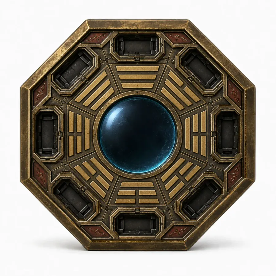 Bagua mirror prop — the player’s weapon and the story’s symbol of “truth reflected”.