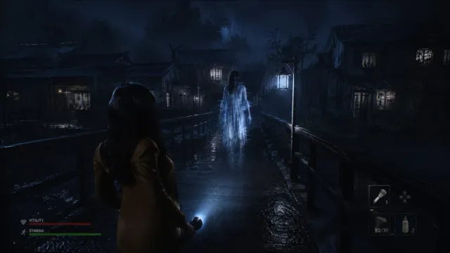 Project NightFall key art — Sophie facing a spirit in the rain-soaked village