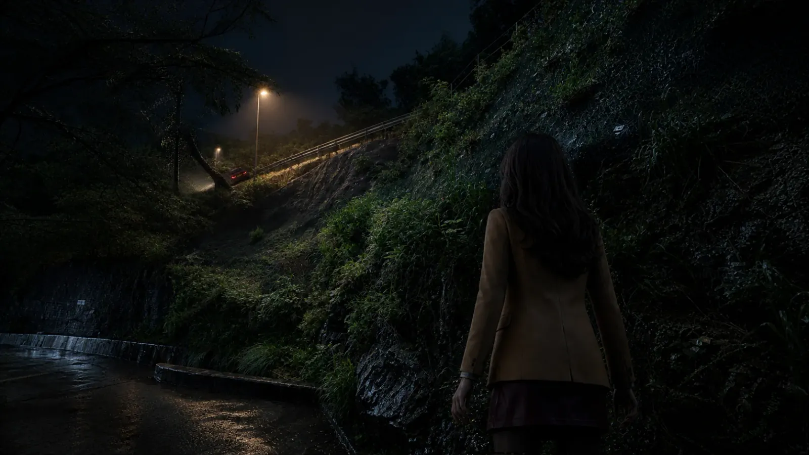 Sophie 在夜裡探索漆黑的村路