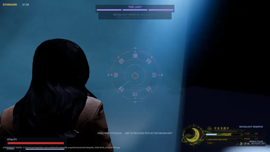In-engine Bagua mirror focus reticle and moonlight reserve HUD