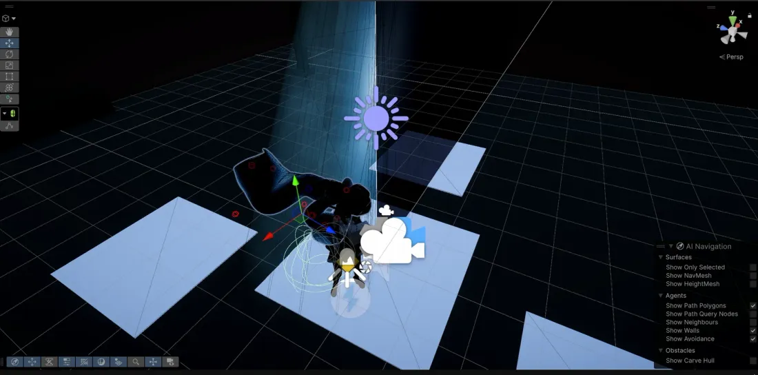 Unity scene view showing a ghost encounter, navigation and moonlight volumes