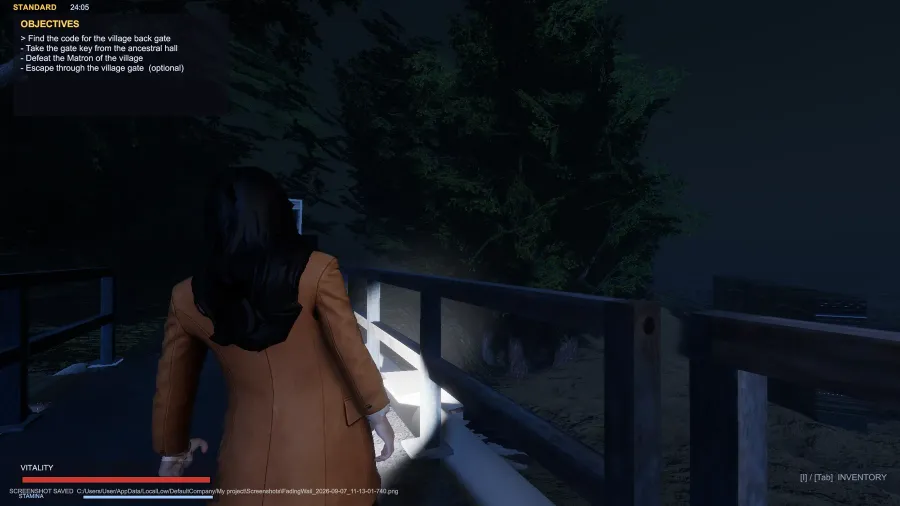 In-engine player view testing night lighting, foliage and flashlight response