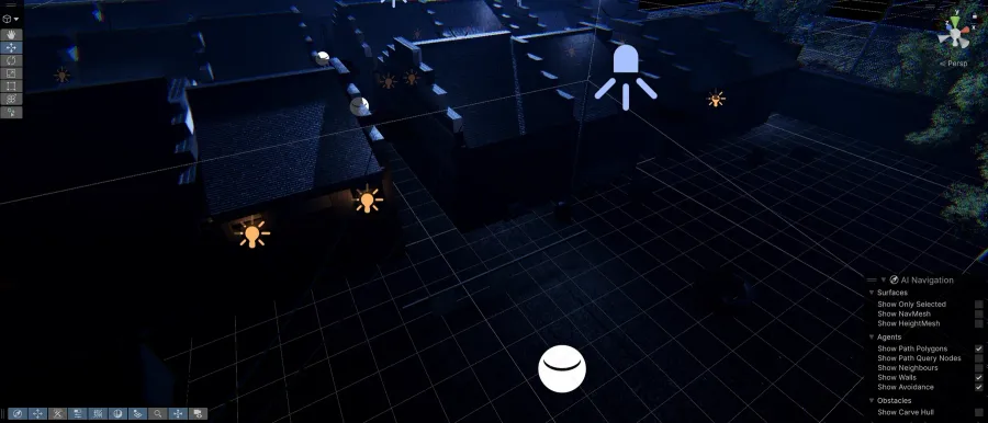Unity AI Navigation debug view over the village environment
