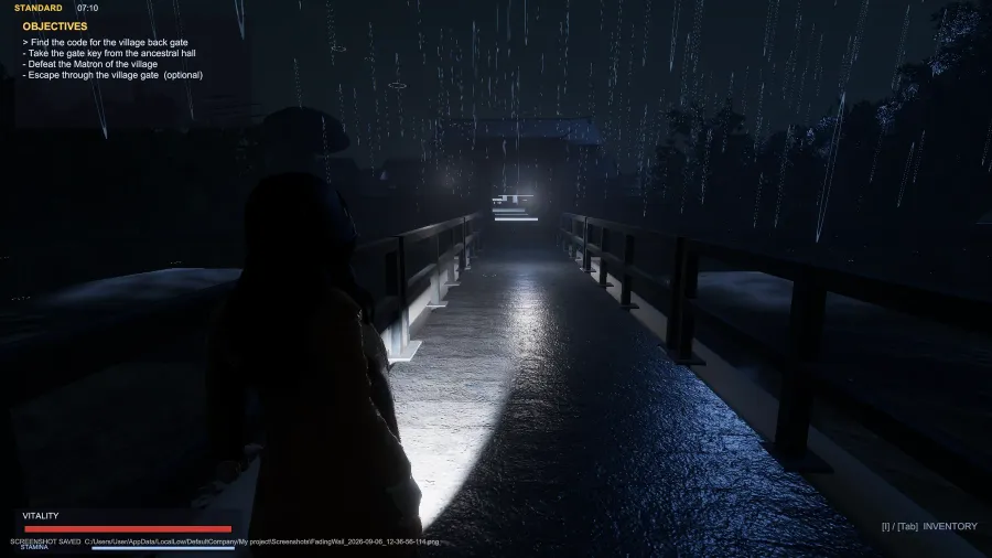 Night-time bridge in rain with wet-surface reflections and flashlight lighting