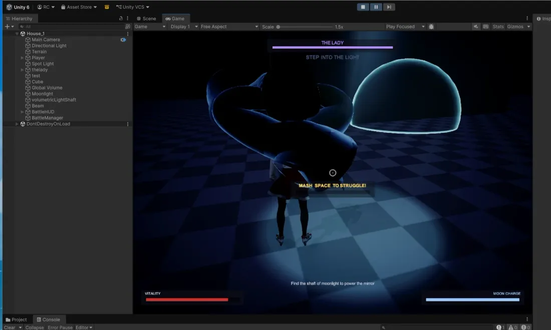 In-engine struggle prompt during a ghost grab inside moonlight