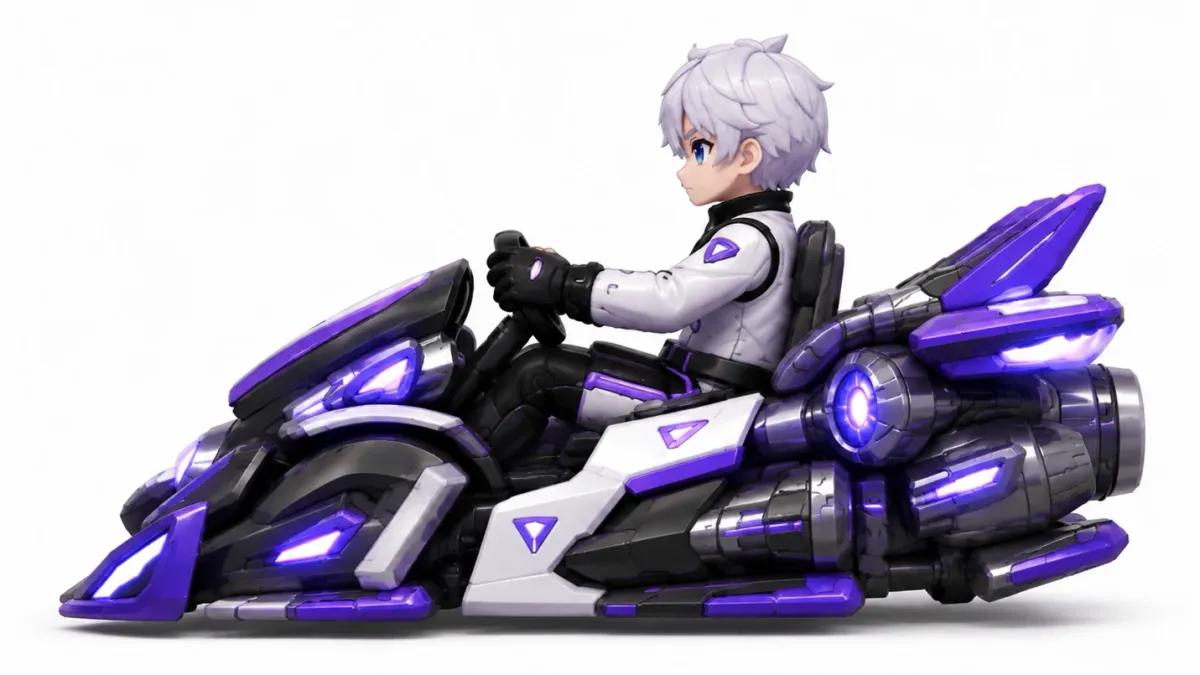 主角 Sol 與他的紫色賽車(3D 角色渲染圖)