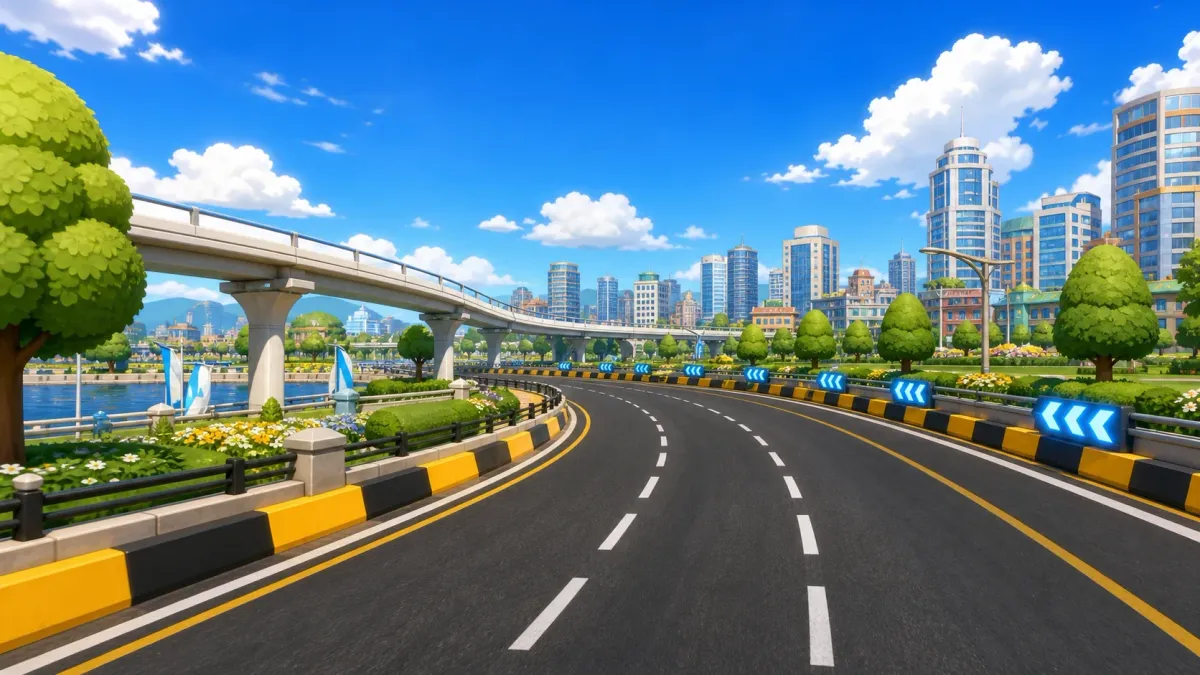 Sunshine Metro 賽道概念:海港天際線、天橋和寬闊彎道