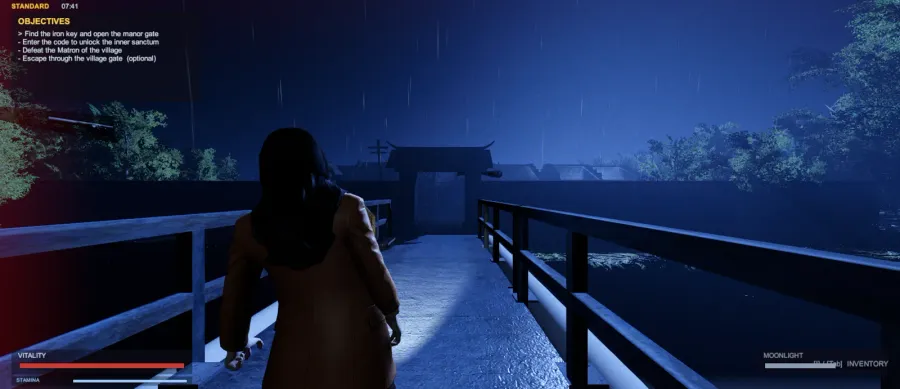 In-engine: the village approach at night — rain, wet planks and the gate ahead.